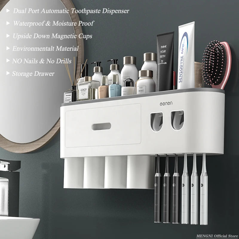 Porte-Brosse à Dents Mural Magnétique avec Distributeur de Dentifrice, 1 à 4 Gobelets