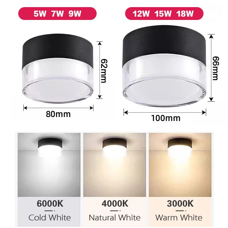 Spot LED en Saillie Cylindre Acrylique Cuisine, 5 à 18 W, Noir ou Blanc