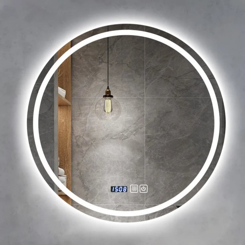 Miroir LED Salle de Bain Rond Anti-Buée avec Horloge