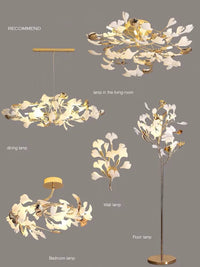 Suspension Cuisine Feuilles de Ginkgo Doré et Blanc, 60 à 150 cm