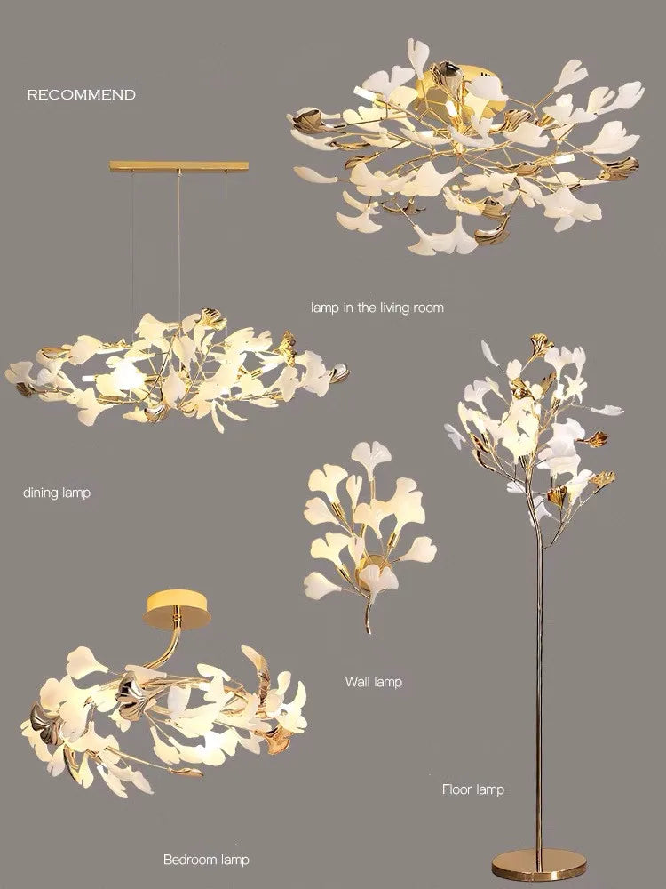 Suspension Cuisine Feuilles de Ginkgo Doré et Blanc, 60 à 150 cm