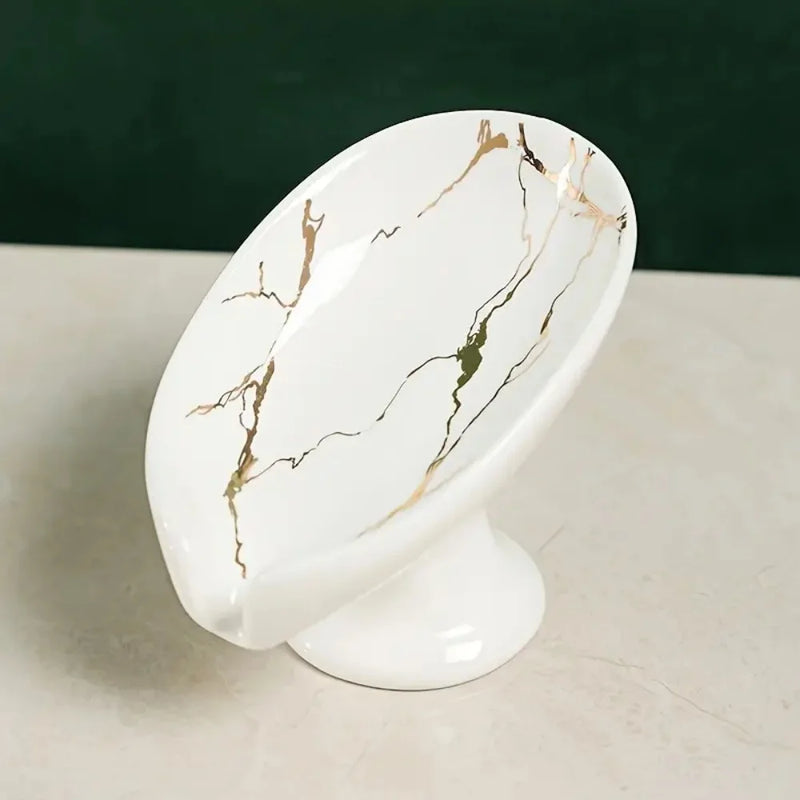 Porte-Savon Céramique Veinures Dorées sur Socle, Blanc, Vert ou Noir