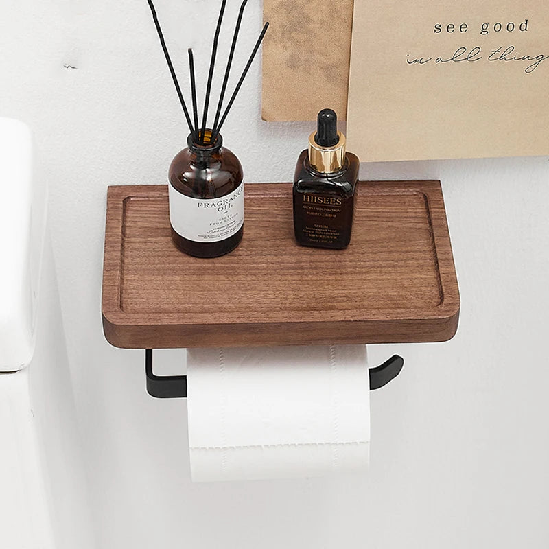 Porte-Papier Toilette Mural avec Tablette en Bois, Noir ou Blanc, 16 à 30 cm