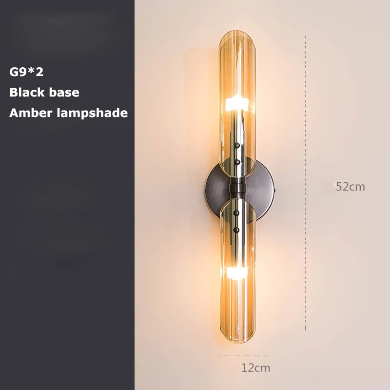 Applique Murale Verre Double Tube G9, Support Noir ou Doré, 52 cm
