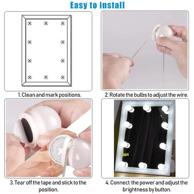 Ampoules LED Miroir Maquillage USB, 3 Teintes, 20 ou 30 Ampoules