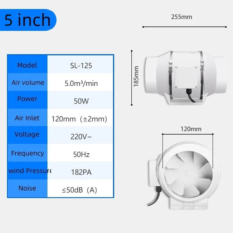 Aérateur Salle de Bain en Ligne 220 V, 300 m³/h, Conduit 12 cm