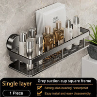 Étagère Salle de Bain Aluminium Gris à Ventouses, 1 ou 2 Plateaux