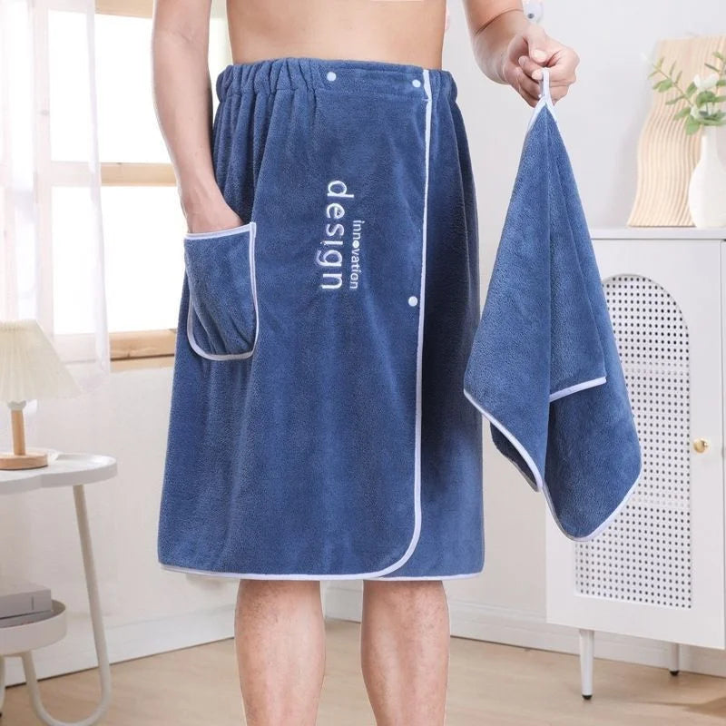 Serviette de Bain Jupe pour Homme à Poche, Microfibre Bleu ou Gris