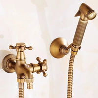 Douchette WC Rétro Laiton Antique, Kit avec Flexible et Support Mural