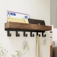 Étagère Murale en Bois avec 6 Crochets, 4 Finitions, 24,5 cm