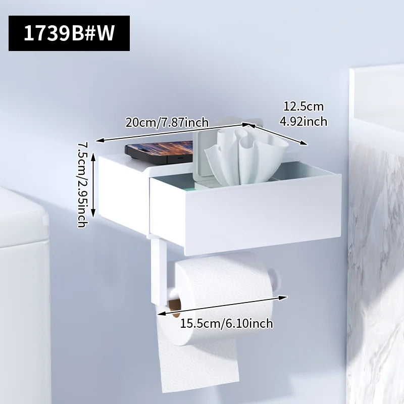 Porte-Papier Toilette avec Tiroir Lingettes et Étagère Sans Perçage Noir ou Blanc
