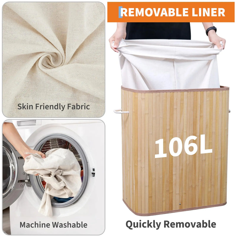 Panier à Linge Bambou 106 L, 4 Compartiments, Couvercle et Sac Amovible