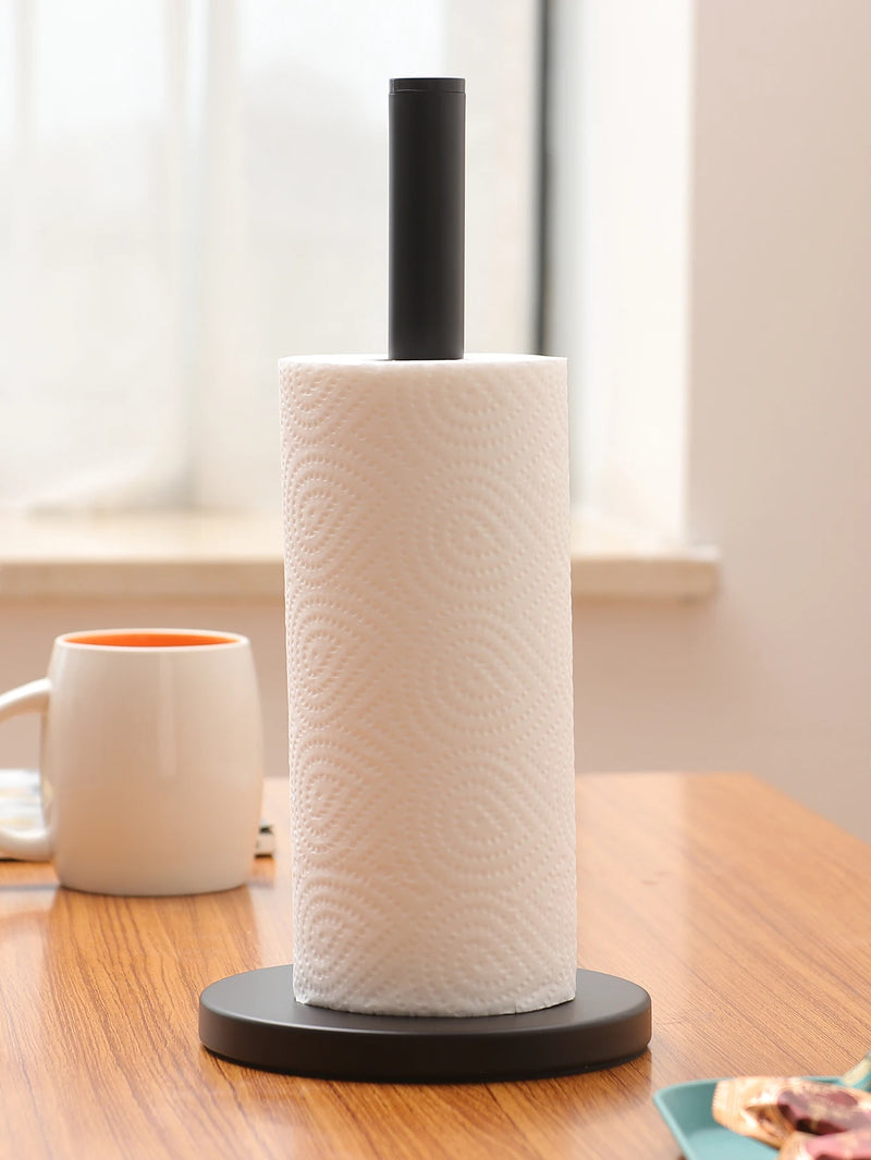 Porte-Essuie-Tout Noir en Métal sur Pied, Tige Haute 30 cm, Base Ronde