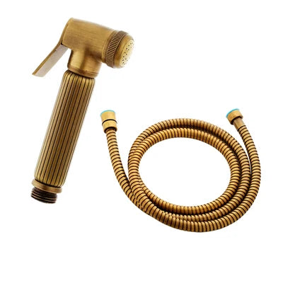 Douchette WC Rétro Laiton Antique, Kit avec Flexible et Support Mural