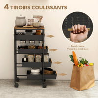 Desserte à Roulettes 4 Tiroirs, Chariot de Rangement Noir 82 cm