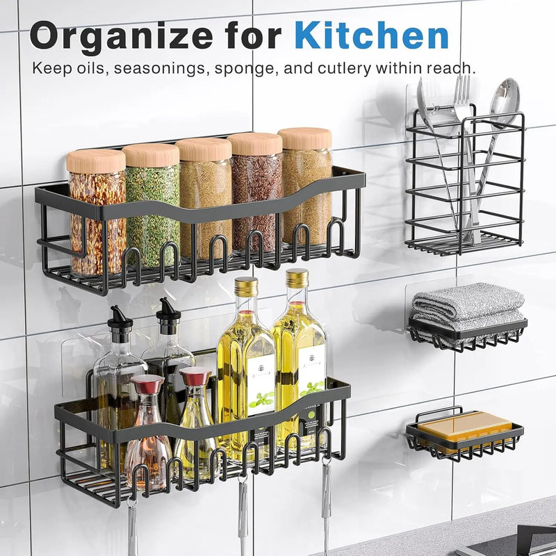 Étagère de Douche Sans Percer Inox Noir, Lot de 5 Pièces