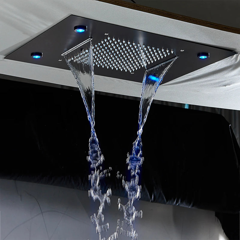 Douche Encastrable Thermostatique 3 Boutons, Plafond LED Pluie et Cascade