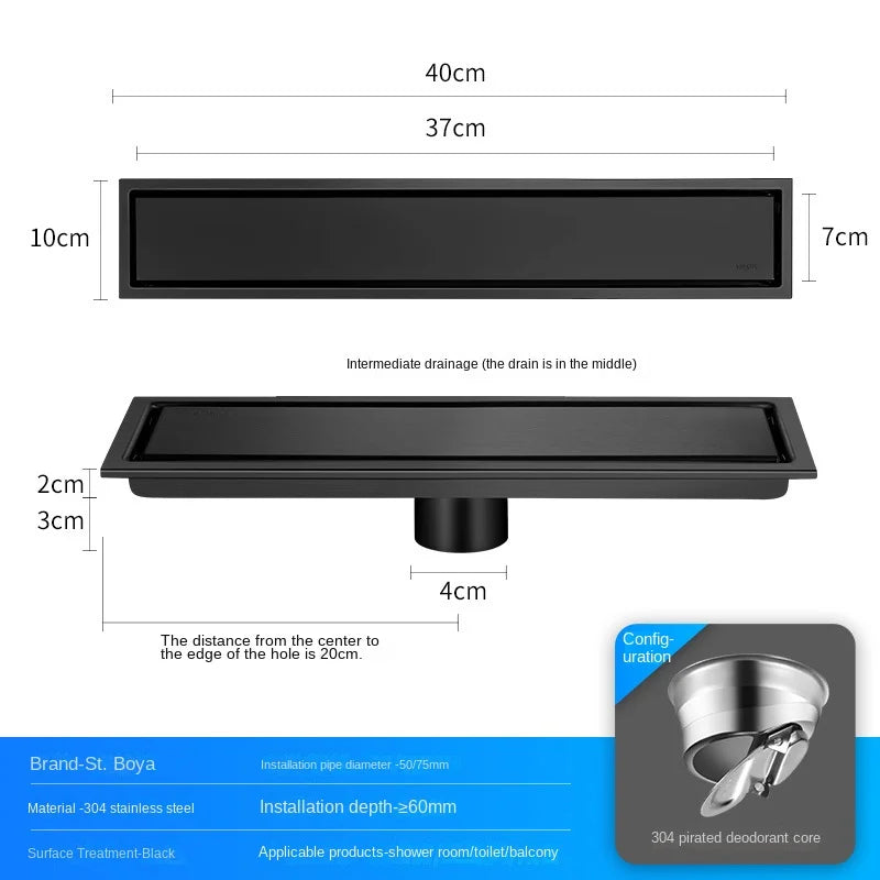 Caniveau de Douche Inox 304 Noir, Doré, Brossé, 20 à 60 cm