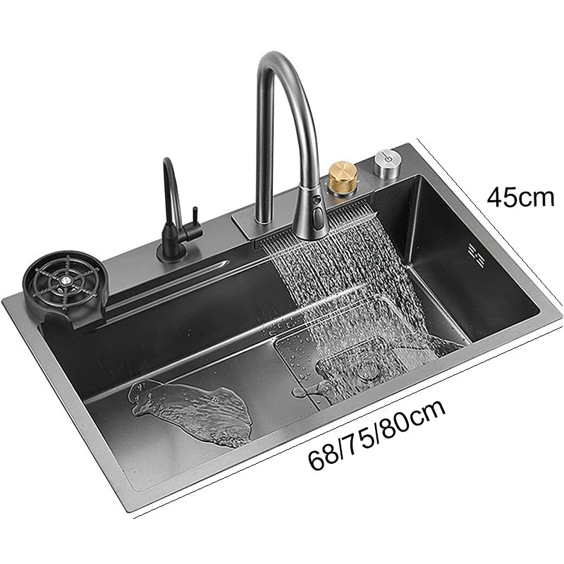 Évier de Cuisine Multifonction Cascade Noir avec Lave-Tasse