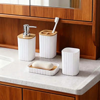 Ensemble Accessoires Salle de Bain Blanc et Bambou, 4 Pièces