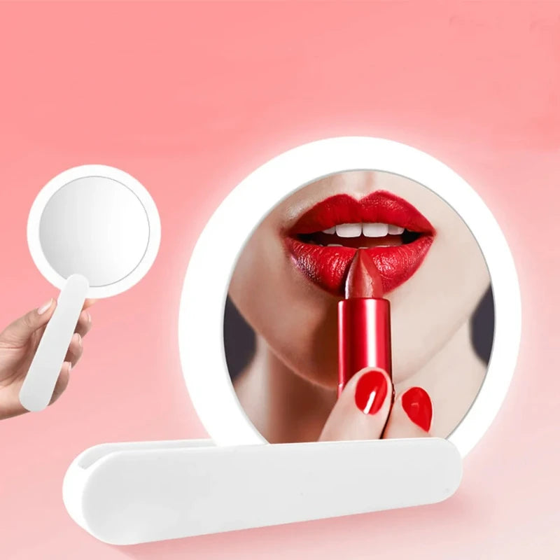 Miroir de Poche LED Rechargeable USB à Poignée Rotative, Rose ou Blanc