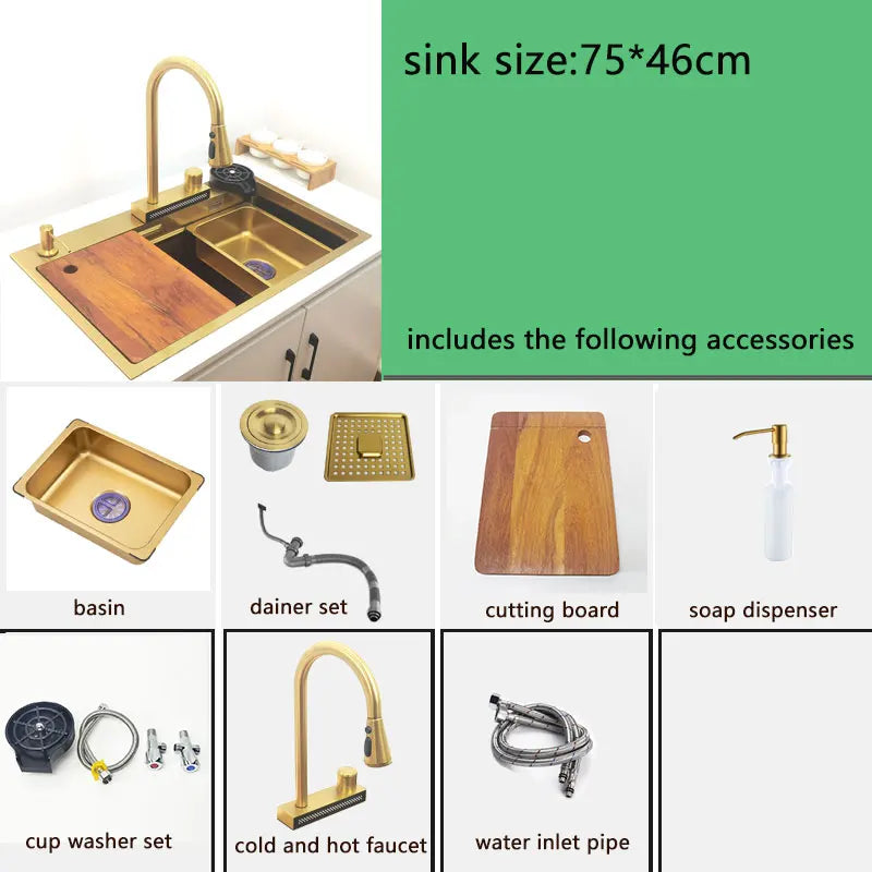 Évier Cuisine Inox 304 Doré Brossé 1 Bac Multifonction, 68 ou 75 cm