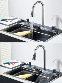 Évier de Cuisine Cascade Inox 304 avec Robinets, Lave-Verre et Afficheur