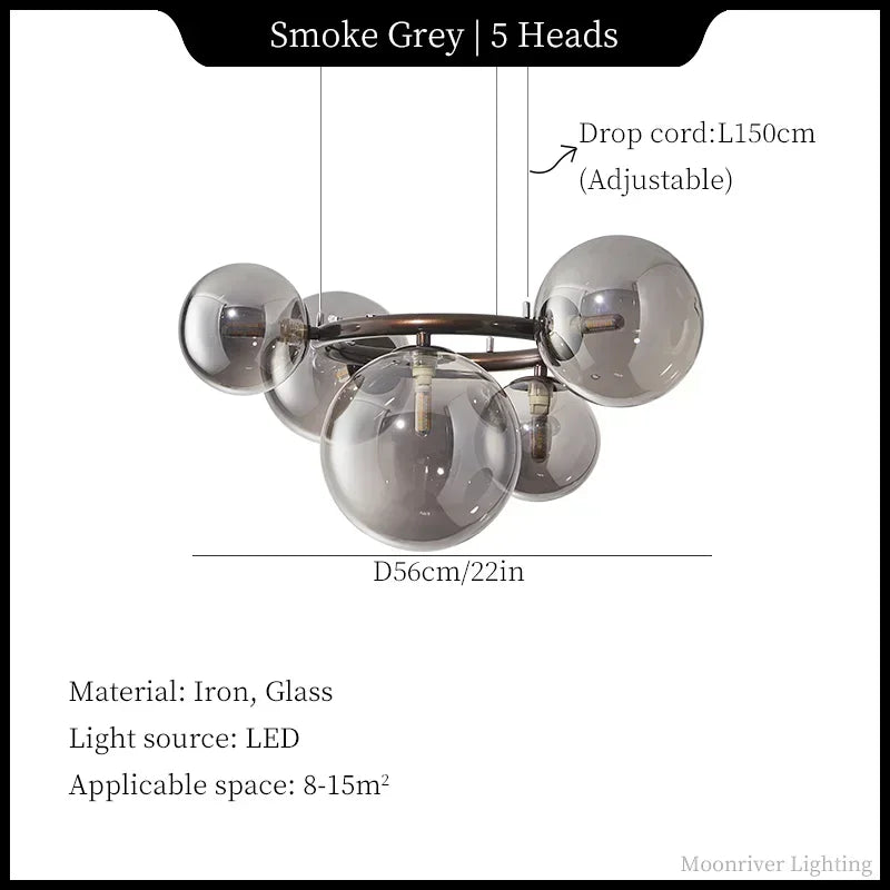 Suspension Cuisine Globes Verre sur Anneaux, 5, 7 ou 9 Têtes