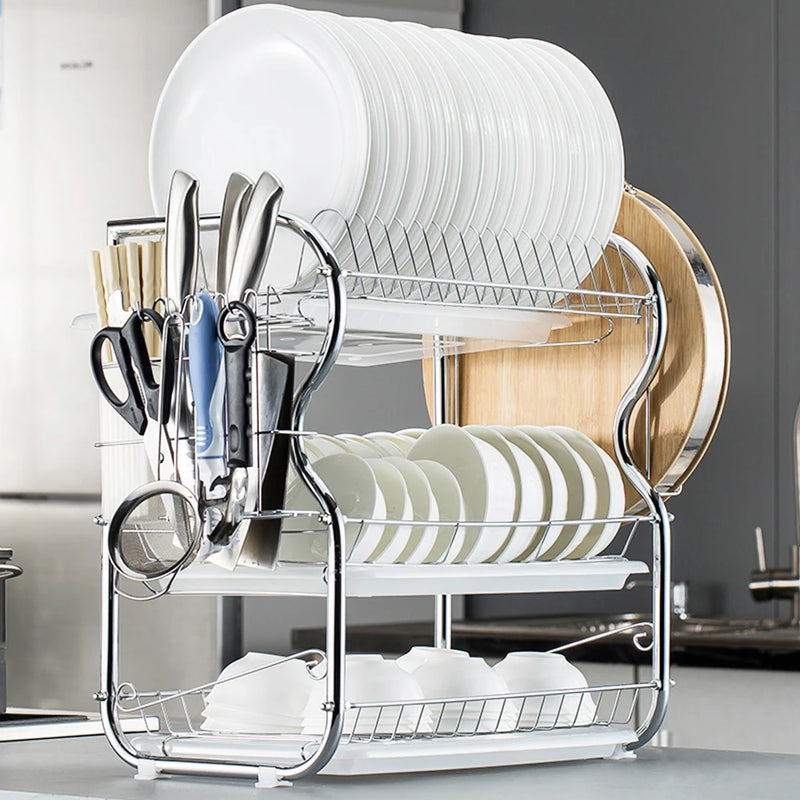 Égouttoir à Vaisselle 3 Niveaux Chromé, Porte-Couverts et Support Planche, 42 cm