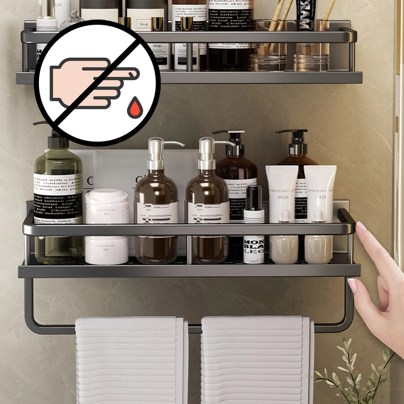 Étagère Salle de Bain Aluminium Sans Perçage Noir ou Gris avec Crochets, 30 à 50 cm