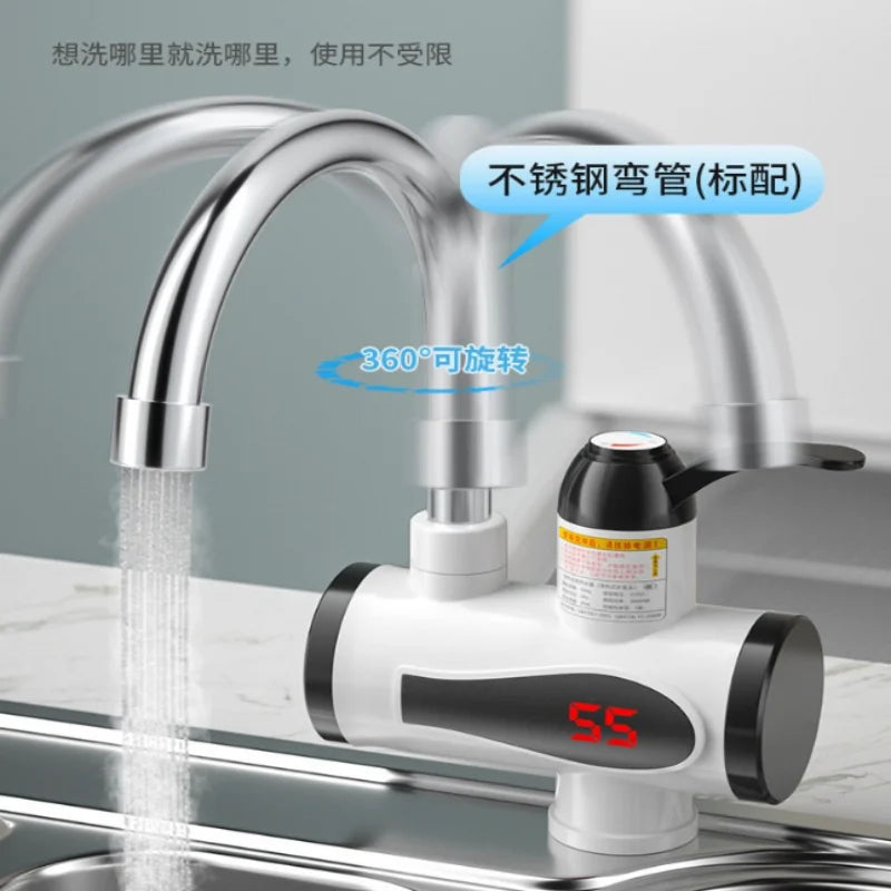 Robinet Chauffe-Eau Instantané Électrique 3 000 W à Col de Cygne Orientable, Blanc