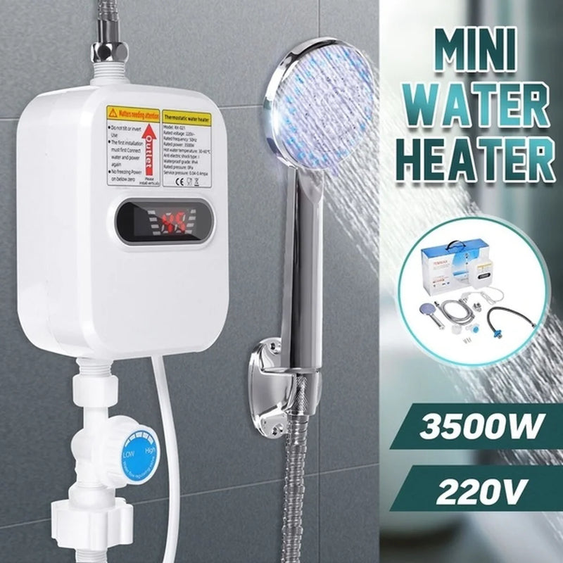 Mini Chauffe-Eau Instantané 3 500 W avec Douchette, Écran LCD et Flexible Inox