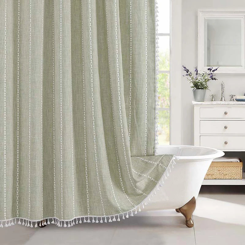 Rideau de Douche en Lin Jacquard à Glands, 10 Coloris, 5 Dimensions