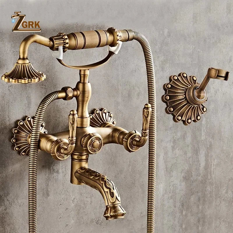 Robinet Baignoire Douche Rétro en Laiton Antique, avec Douchette