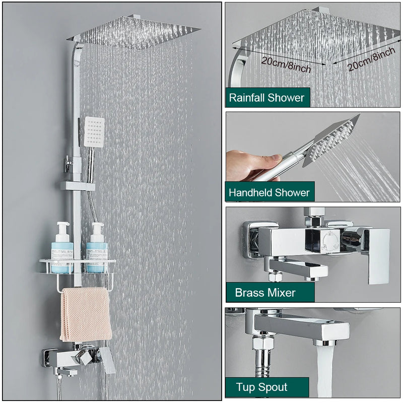 Colonne de Douche avec Étagère, Bec Baignoire et Pommeau Pluie