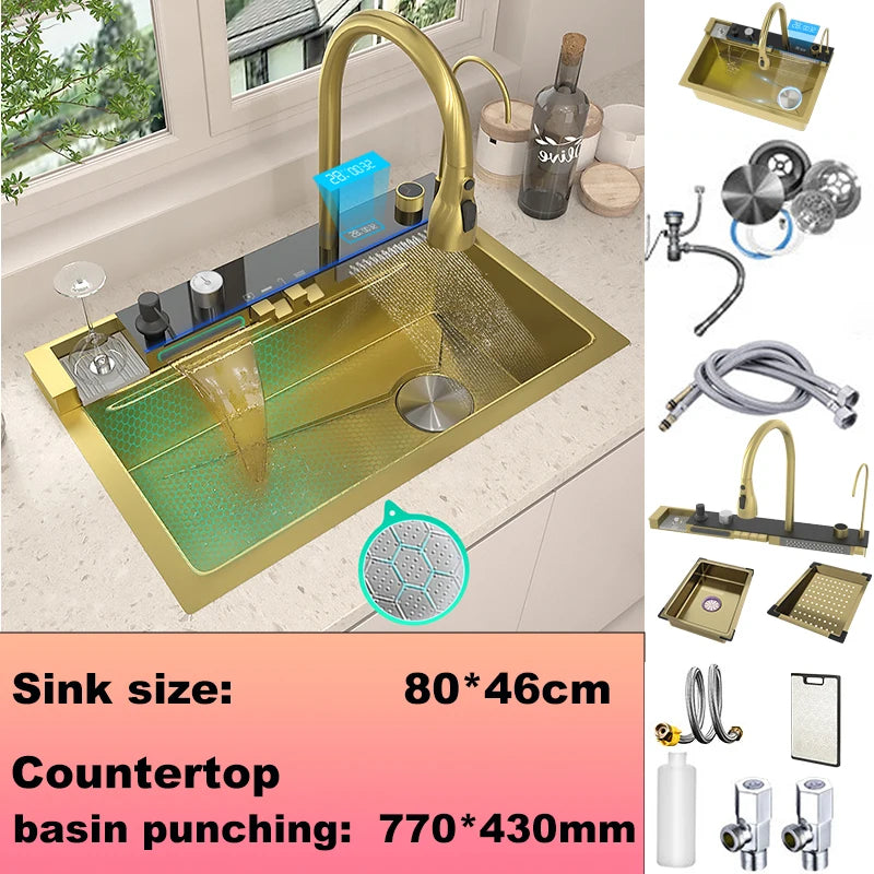 Évier de Cuisine Inox 304 Multifonction, Robinet Cascade, 68 à 100 cm