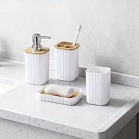 Ensemble Accessoires Salle de Bain Blanc et Bambou, 4 Pièces