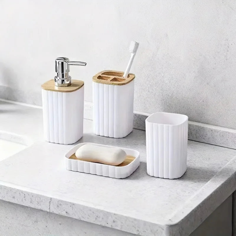 Ensemble Accessoires Salle de Bain Blanc et Bambou, 4 Pièces