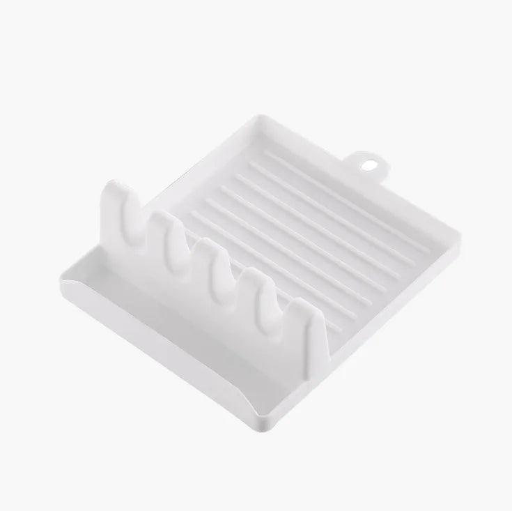 Repose-Cuillère Plastique à 4 Encoches avec Plateau, Blanc, Vert ou Gris, 14 cm