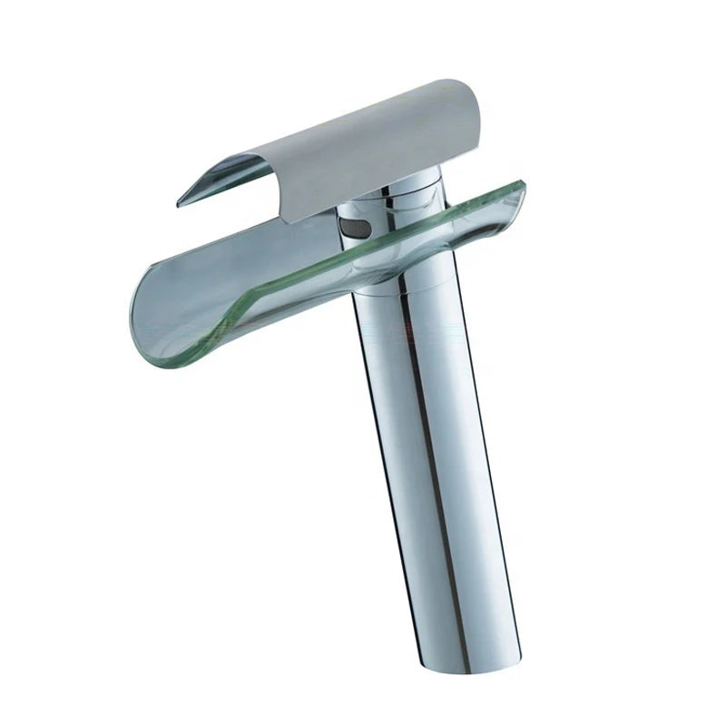 Mitigeur Lavabo Cascade Verre Chromé, Noir ou Nickel, Bec Court ou Haut