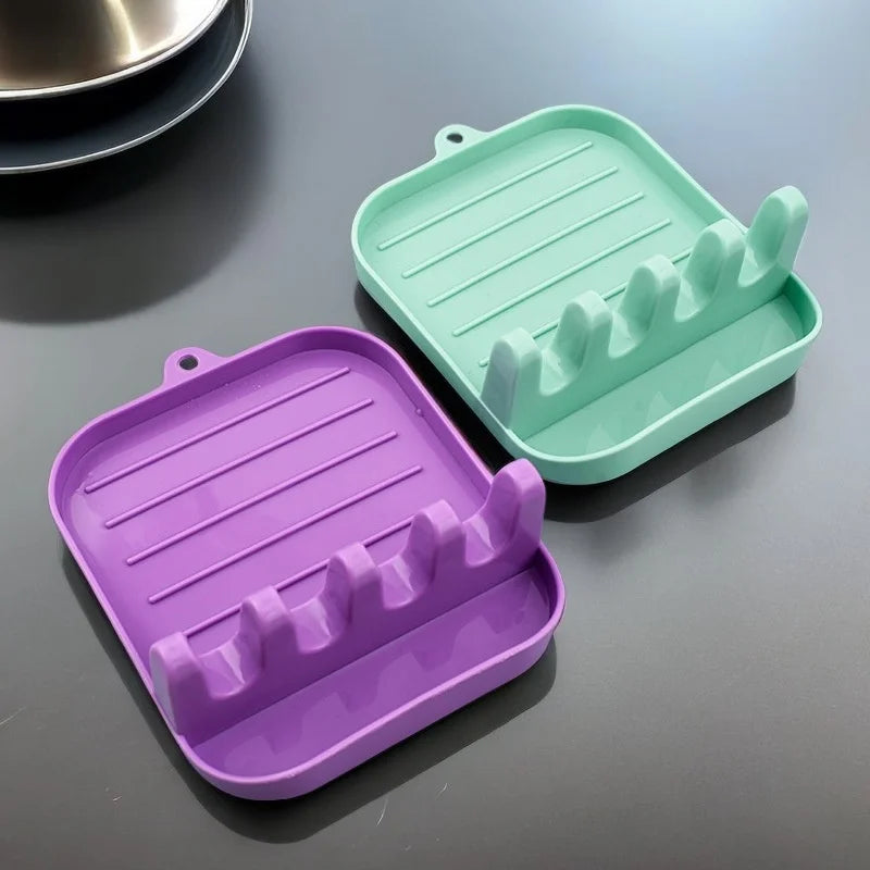 Repose-Cuillère et Spatule à Plateau Rainuré, Plastique PP, 7 Coloris
