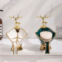 Porte-Savon Céramique Feuille Décor Cerf Doré