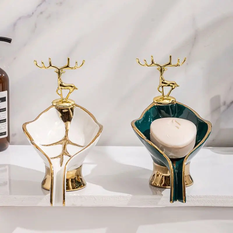 Porte-Savon Céramique Feuille Décor Cerf Doré