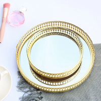Plateau Miroir Rond Doré à Bord Ajouré, Verre et Métal 17,5 cm