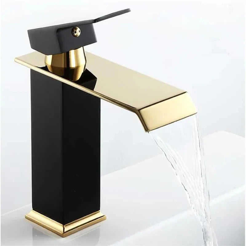 Mitigeur Lavabo Cascade Carré Noir et Doré, Modèle Bas ou Haut, 4 Finitions