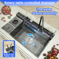 Évier de Cuisine Inox 1 Bac avec Robinet Cascade, 68 à 88 cm