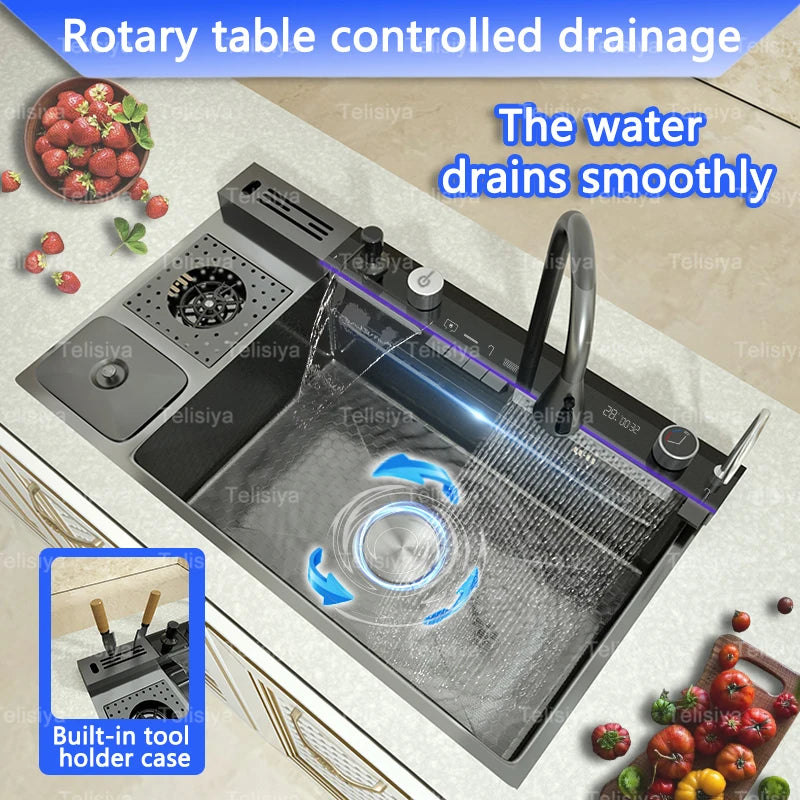 Évier de Cuisine Inox 1 Bac avec Robinet Cascade, 68 à 88 cm