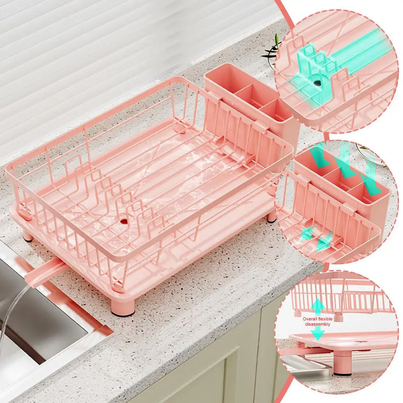 Égouttoir à Vaisselle Rose avec Porte-Couverts et Bec d'Écoulement