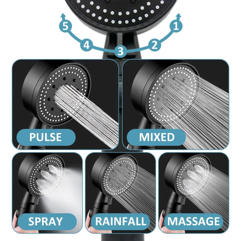 Pommeau de Douche Noir 5 Modes, Buses Silicone Autonettoyantes, Kit Complet
