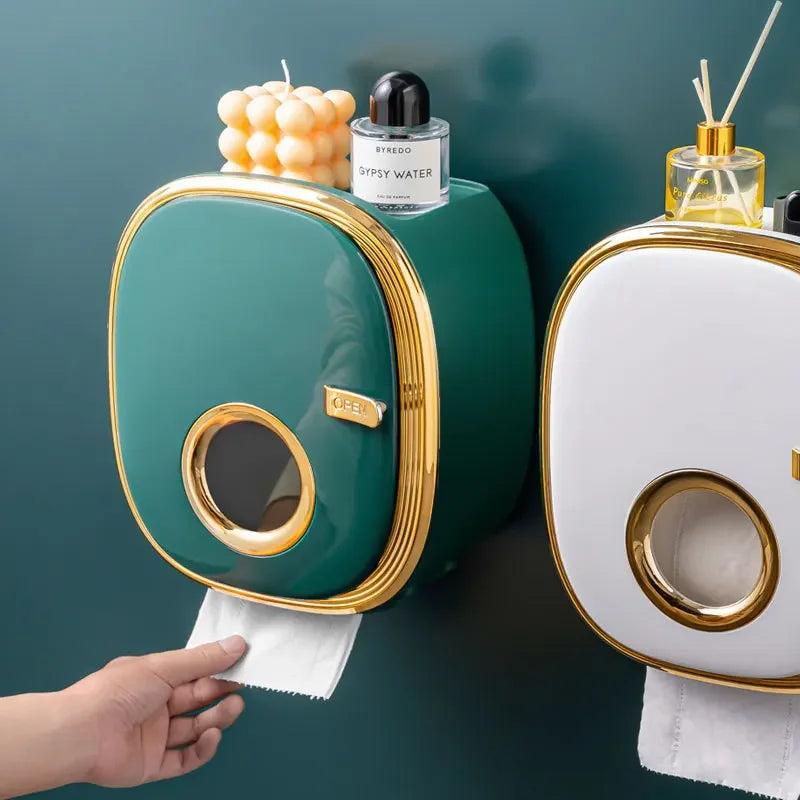 Porte-Papier Toilette Mural avec Tablette et Couvercle Sans Perçage